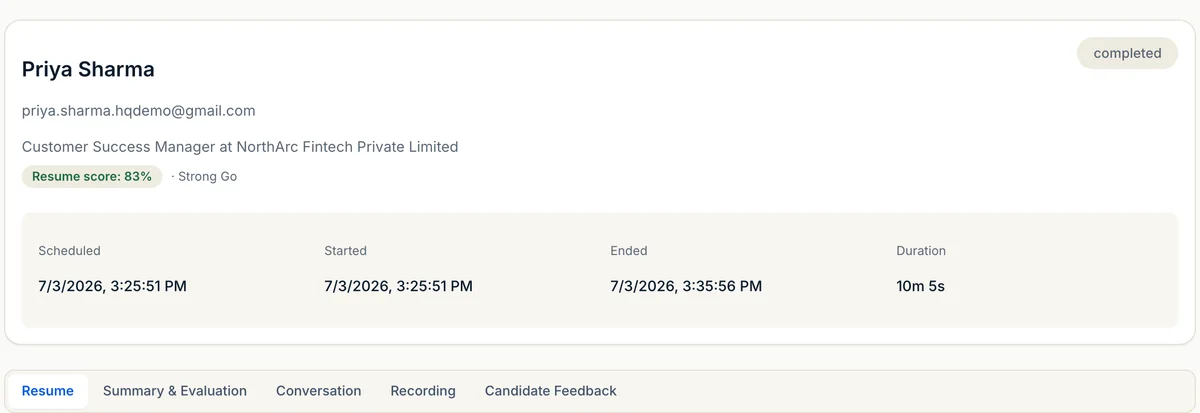 AI interview scorecard with resume score, verdict tier and evaluation tabs, the same view the demo emails you